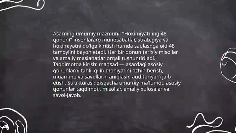 Hokimiyatning 48 qonuni asarida keltirilgan qonunlarning mohiyatini ochib berishga qaratilgan taqdimot tayyorlash 3
