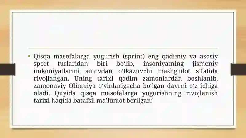 Qisqa masofalarga yugurishning rivojlanish tarixi mavzusida taqdimot (prezintatsiya) 3