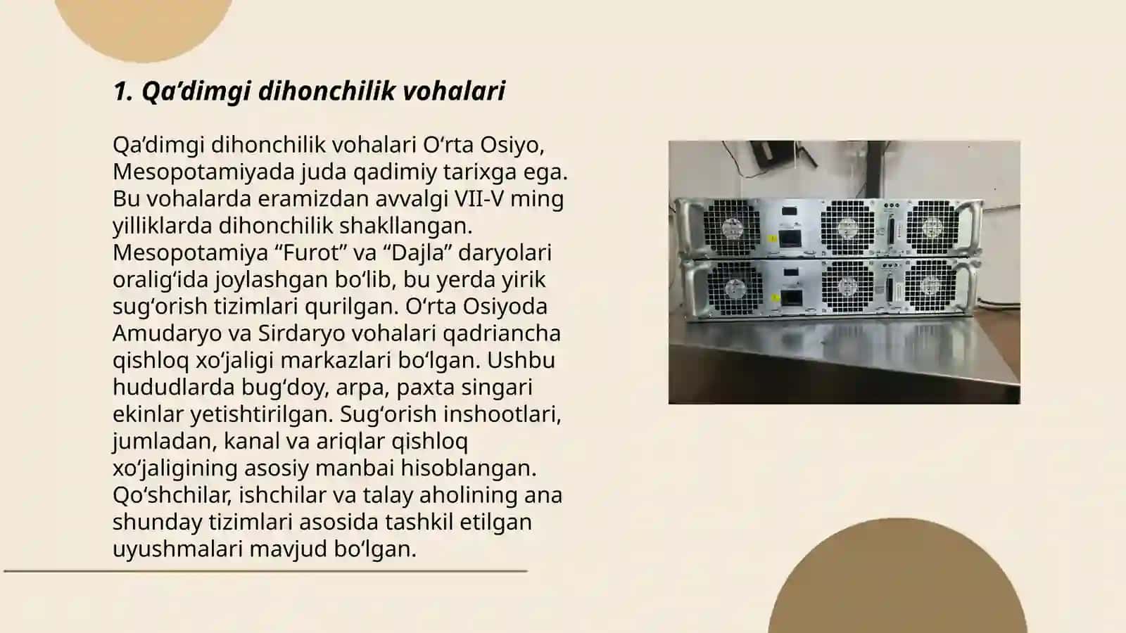 Qa'dimgi dihonshlik vohalari bazasida mil.avv VIII-V asr qa'dimgi Bakteriya Sogdiona va qadimgi Xorazm kabi madaniy xoʻjaliklarning shaklanishi 3