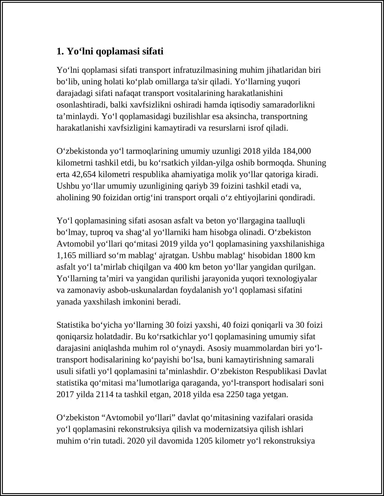 AVTOMOBIL YOʻLLARIGA QOʻYILADIGAN ASOSIY TALABLAR 3
