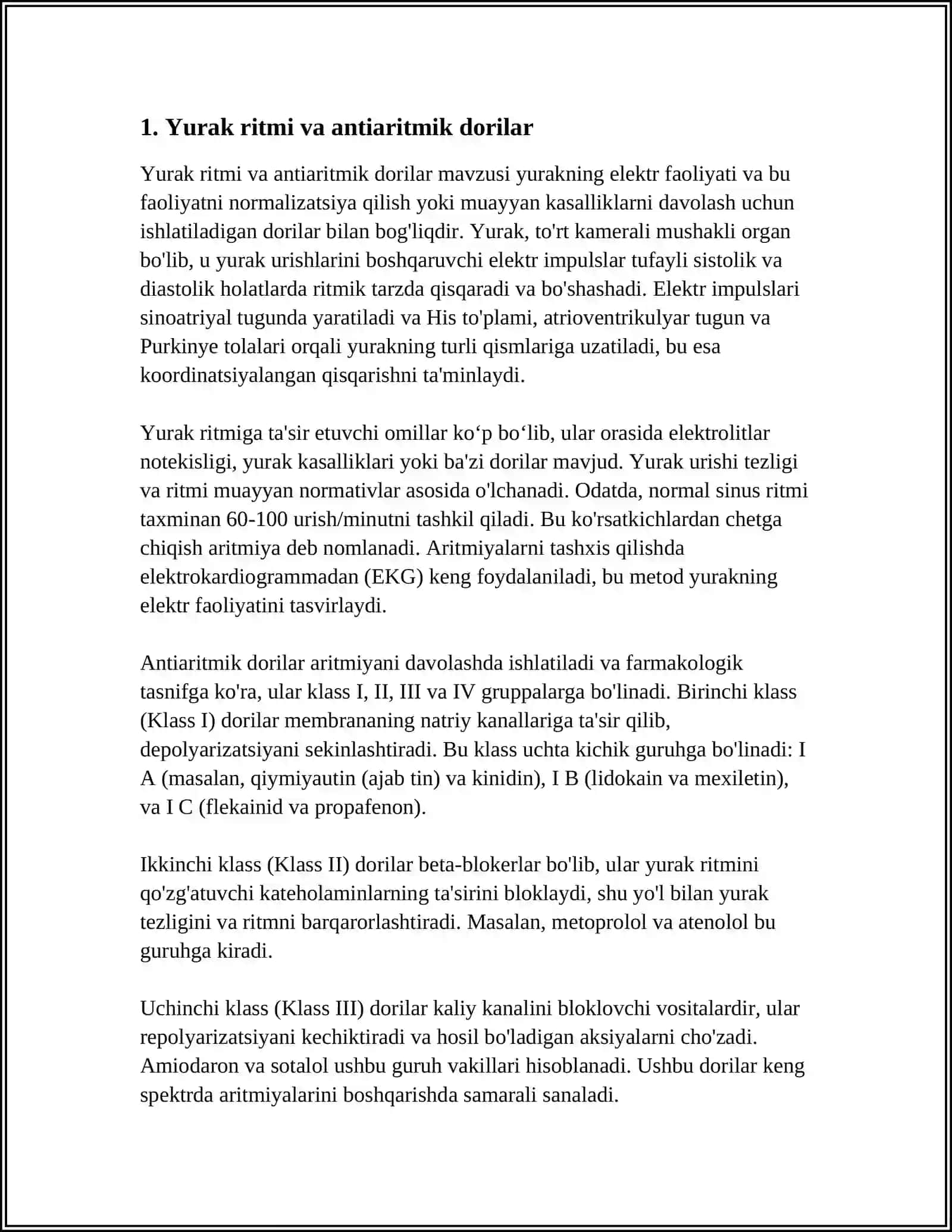 ANTIARITMIK DORI VOSITALARI.YURAK RITMINI ELEKTROKARDIOGRAFIK MONITORINGI. ARITMIYA CHAQIRISH MODELLARI. ANTIARITMIK TA'SIIRGA EGA FARMAKOLOGIK VA FITOFARMAKOLOGIK VOSITALAR TA'SIR MEXANIZMINI OʻRGANISH 3