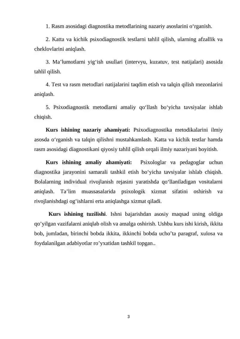 Bolalarda rasm asosida suhbat metodikasi: Psixodiagnostik yondashuv kurs ishi 3