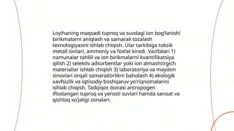 Tuproq va suv ifloslanishda ion bogʻlanishi birikmalar borligini aniqlab ulardan tozalash loyihasini ishlab chiqish 3