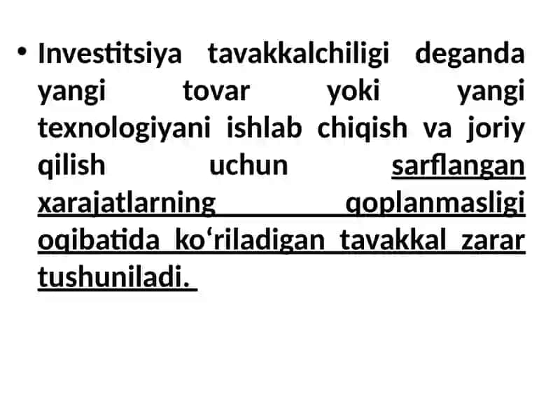 Investitsion tavakkalchilik va rebtabellik(hisoblashusullari).Investitsiylarni baholash 3