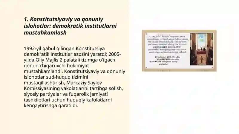 Oʻzbekistonda Demokratik,fuqorolik jamiyati asoslarining shakllanishi amalga oshirilgan siyosiy Islohatlar 3