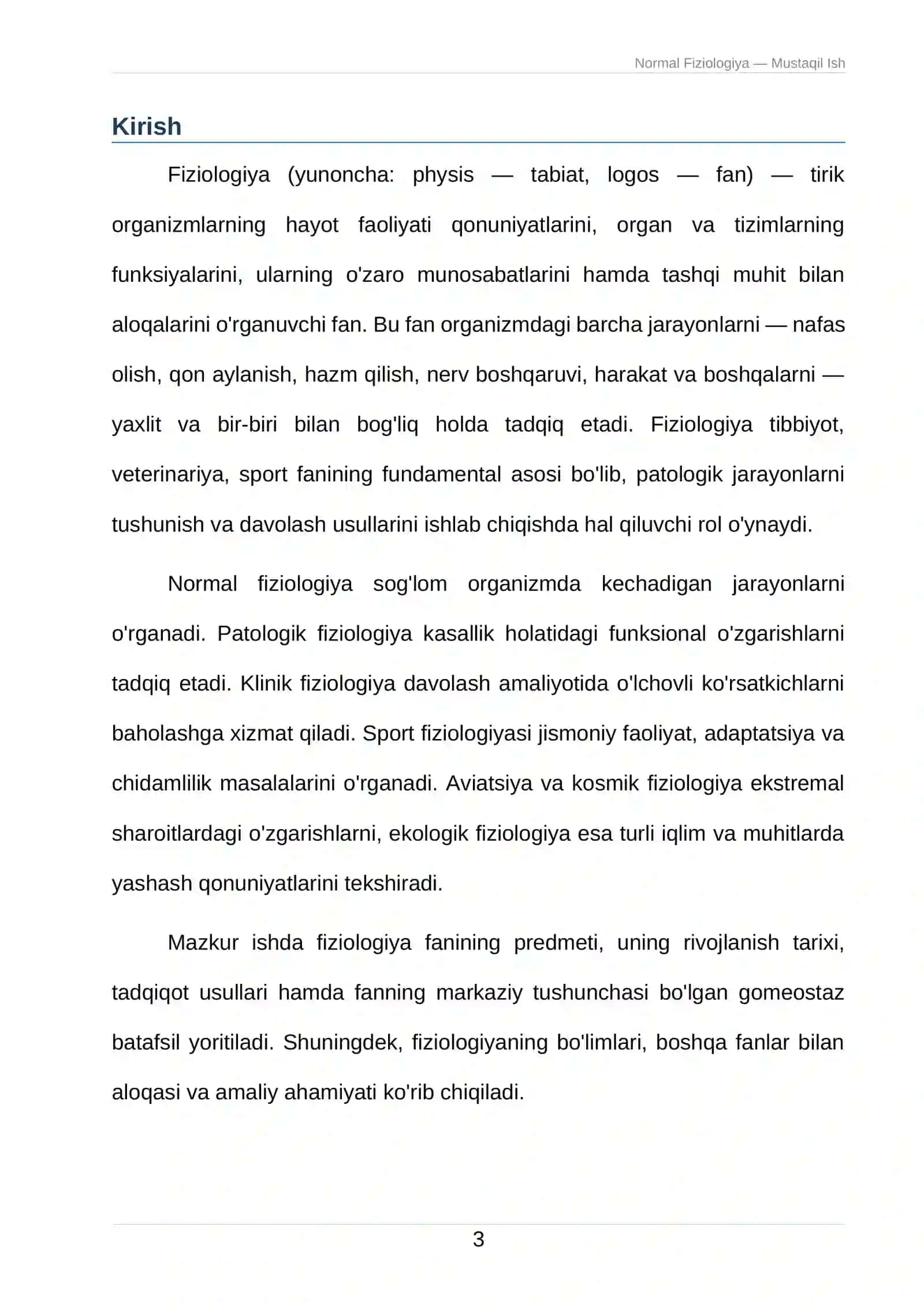 Normal Fiziologiya — Mustaqil Ish 3