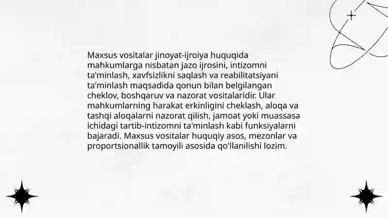 Jinoyat-ijroiya huquqida mahkumlarga qo'llaniladigan maxsus vositalar tushunchasi,turlariva asoslari 3