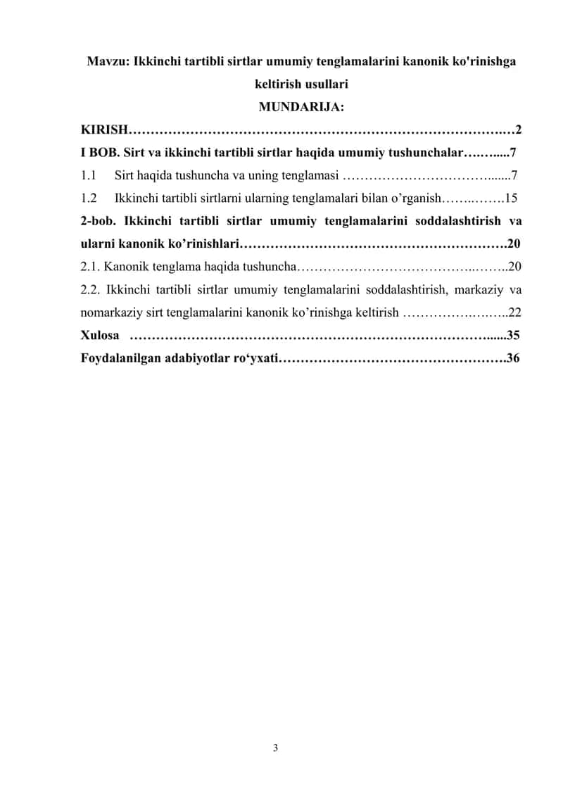 Ikkinchi tartibli sirtlar umumiy tenglamalarini kanonik ko'rinishga keltirish usullari mavzusi 3