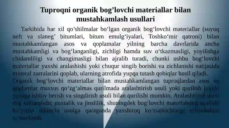 Organik bo'g'lovchilar bilan ishlov berilgan chaqilgan toshdan sun'iy asosli va qoplamani qurish ishlari 3