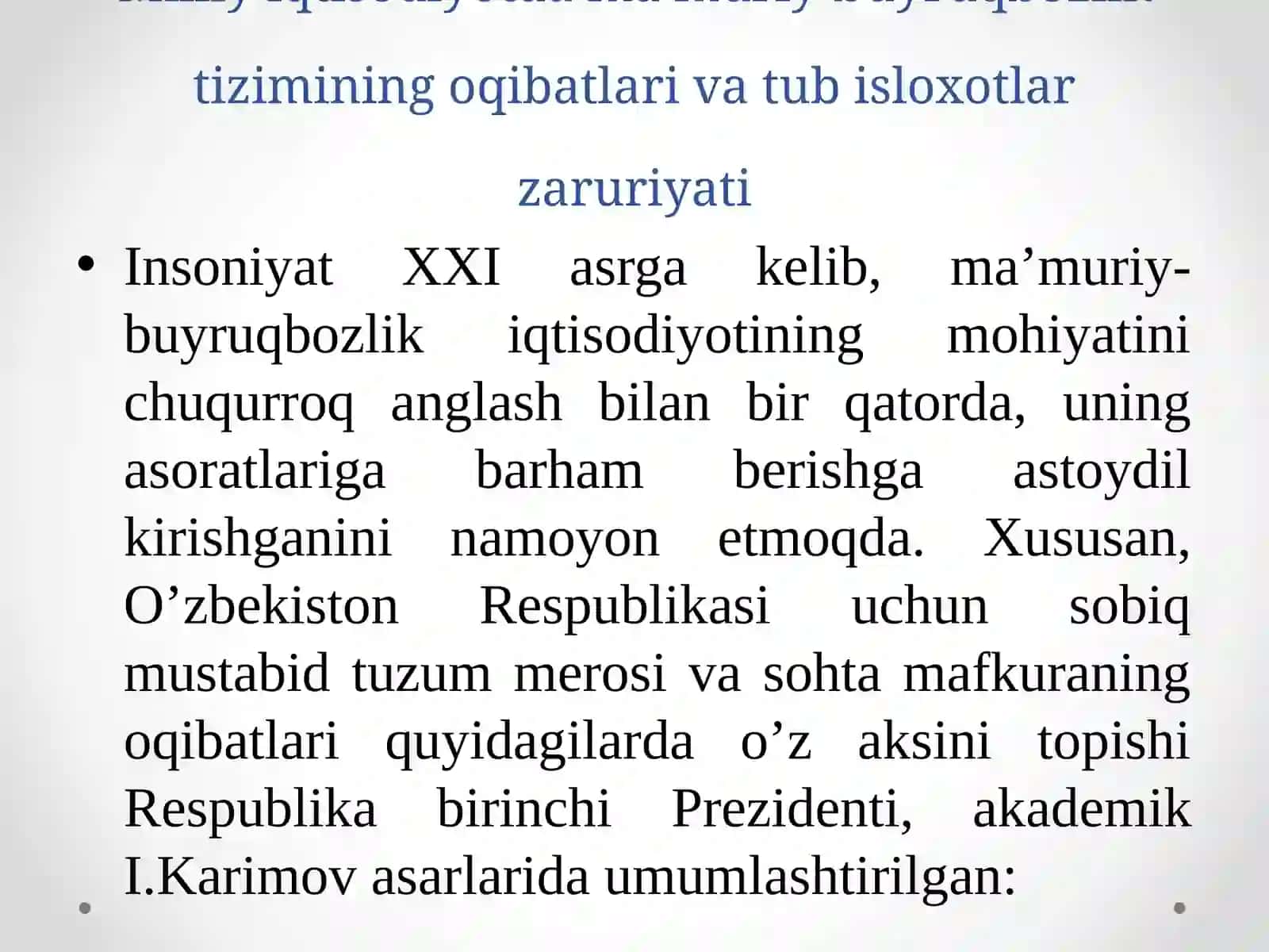 O’ZBEKISTON RESPUBLIKA-SIDAGI MA’MURIY - BUYRUQBOZLIK TIZIMIDAN BOZOR MUNOSABATLARIGA O’TISH DAVRI KONTSEPTSIYASI 3
