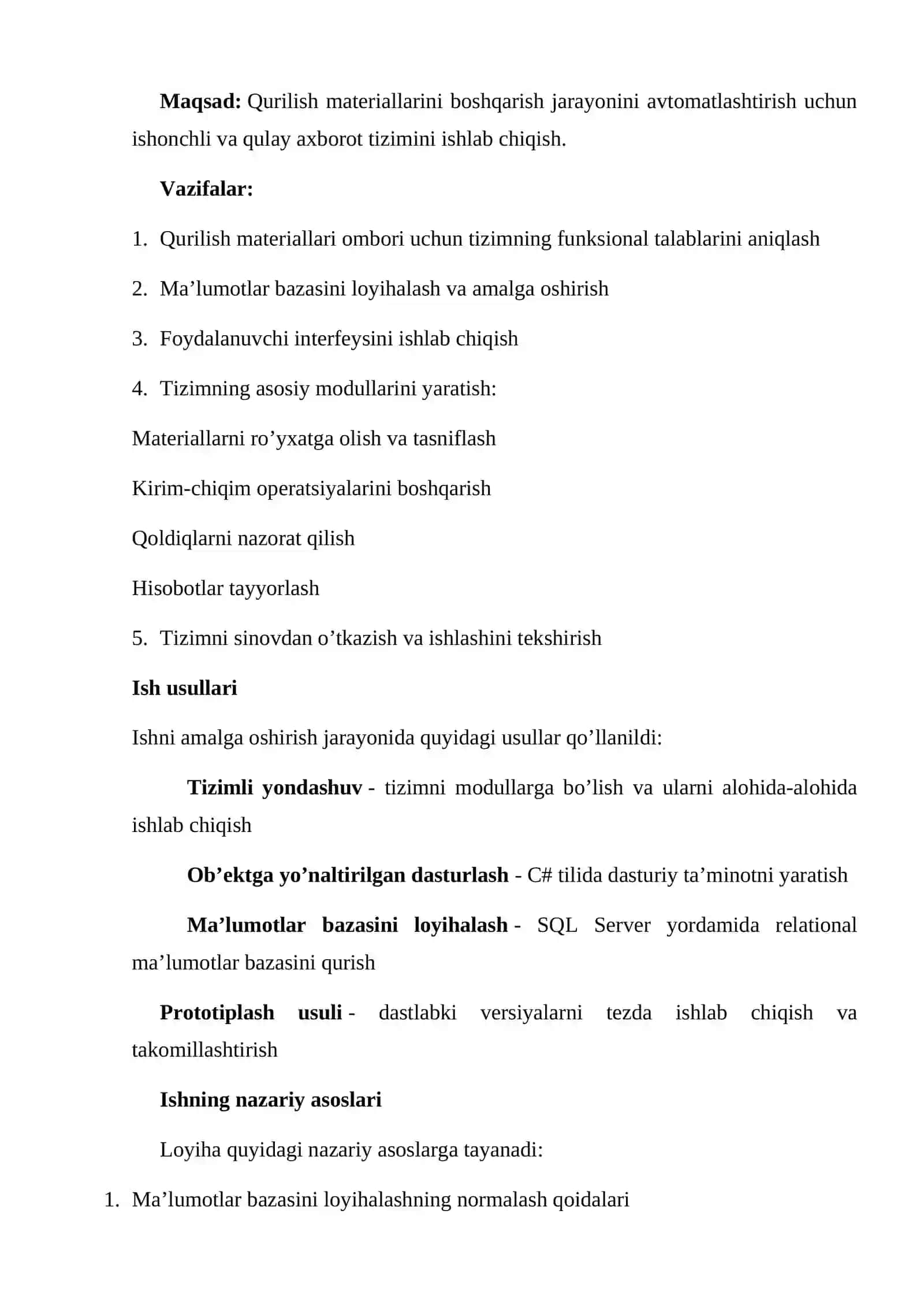 Qurilish Materiallari Ombori uchun Axborot Tizimini Loyihalash, Modellashtirish va Ishlab Chiqish 3