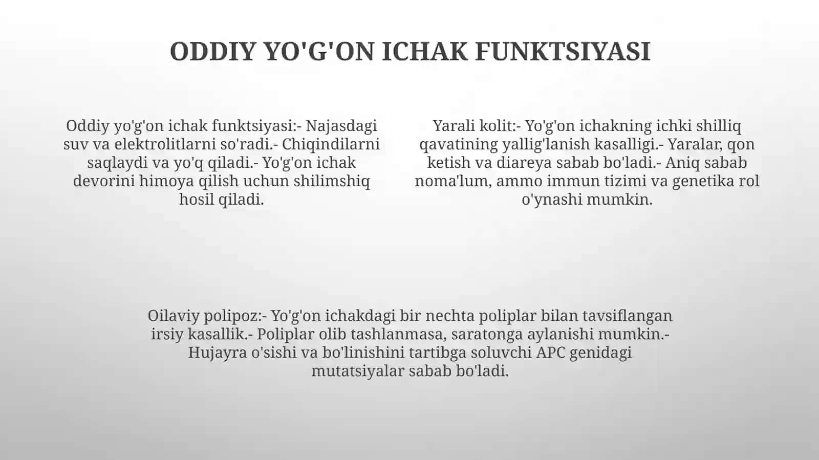 Yo’G’On Ichakning Vazifasi, Yarali Kolit, Kron Kasalligi, Oilaviy Polipozlarning Kelib ChiqishBiokimyoviyMexanizmlari 3