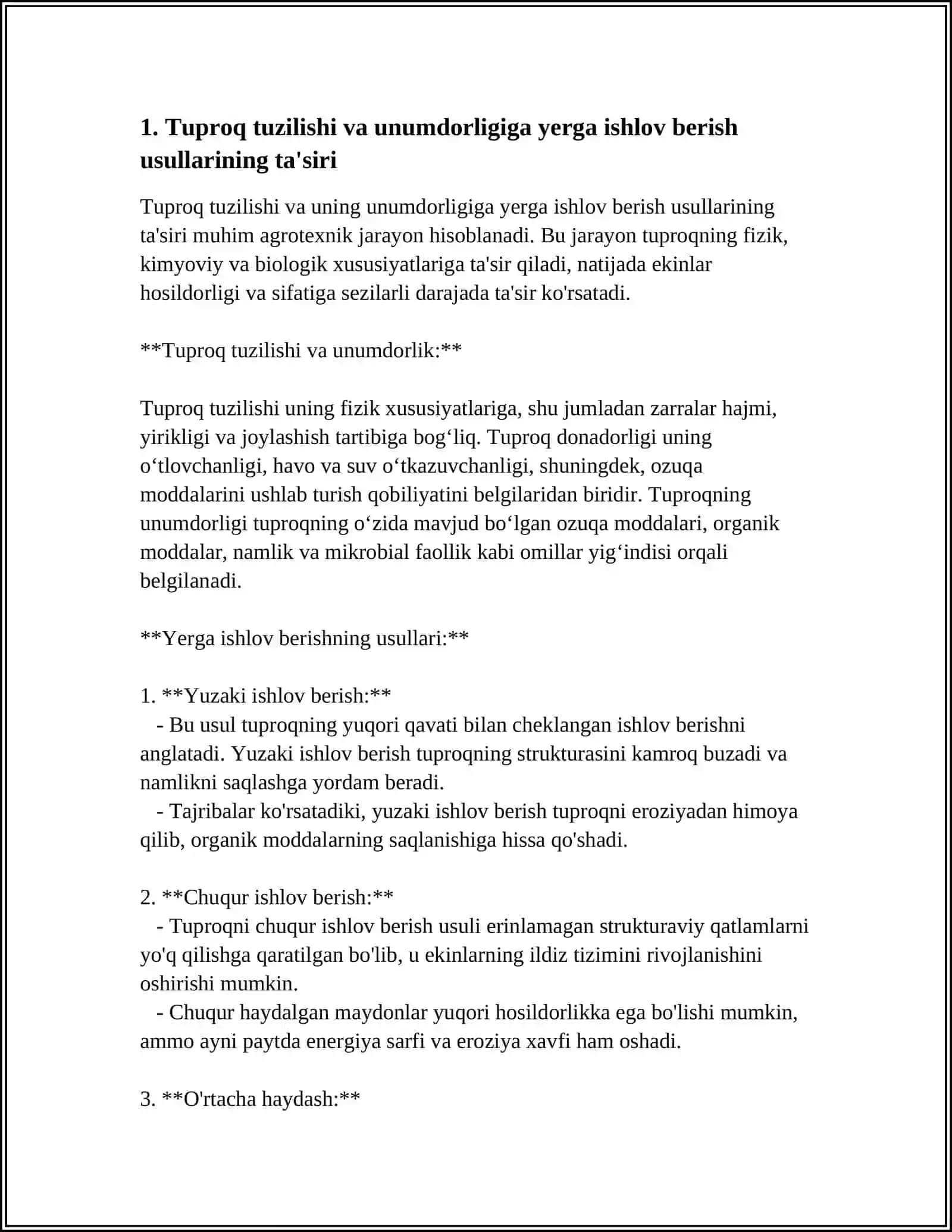 YERGA ASOSIY ISHLOV BERISH USULLARINI TUPROQ XUSUSIYATLARI VA O'SIMLIKLARNI O‘SISHI VA RIVOJLANISHIGA TA'SIRI 3