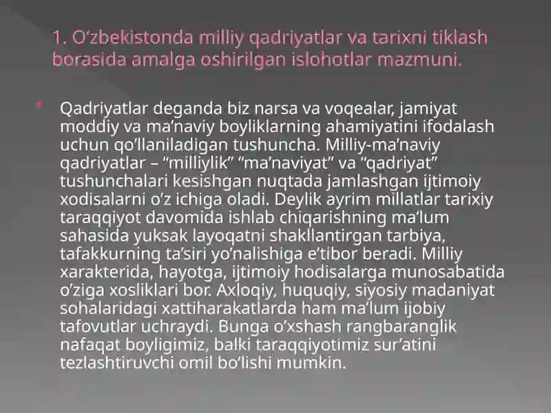 O‘zbekiston milliy qadriyatlar va tarixni tiklash borasida amalga oshirilgan islohotlar 3