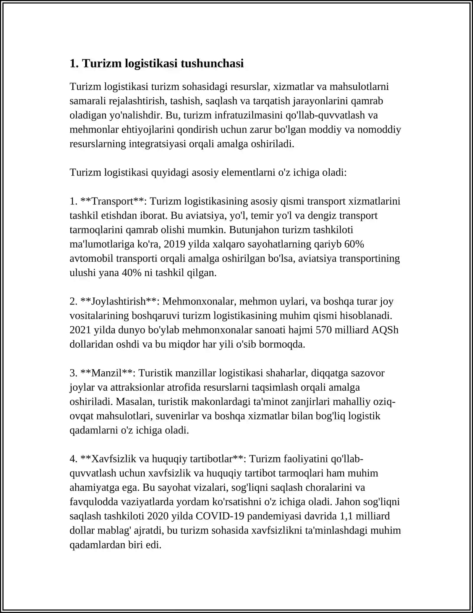TURIZM BIZNESIDA LOGISTIKA XUSUSIYATLARI VA TAMOYILLARI 3