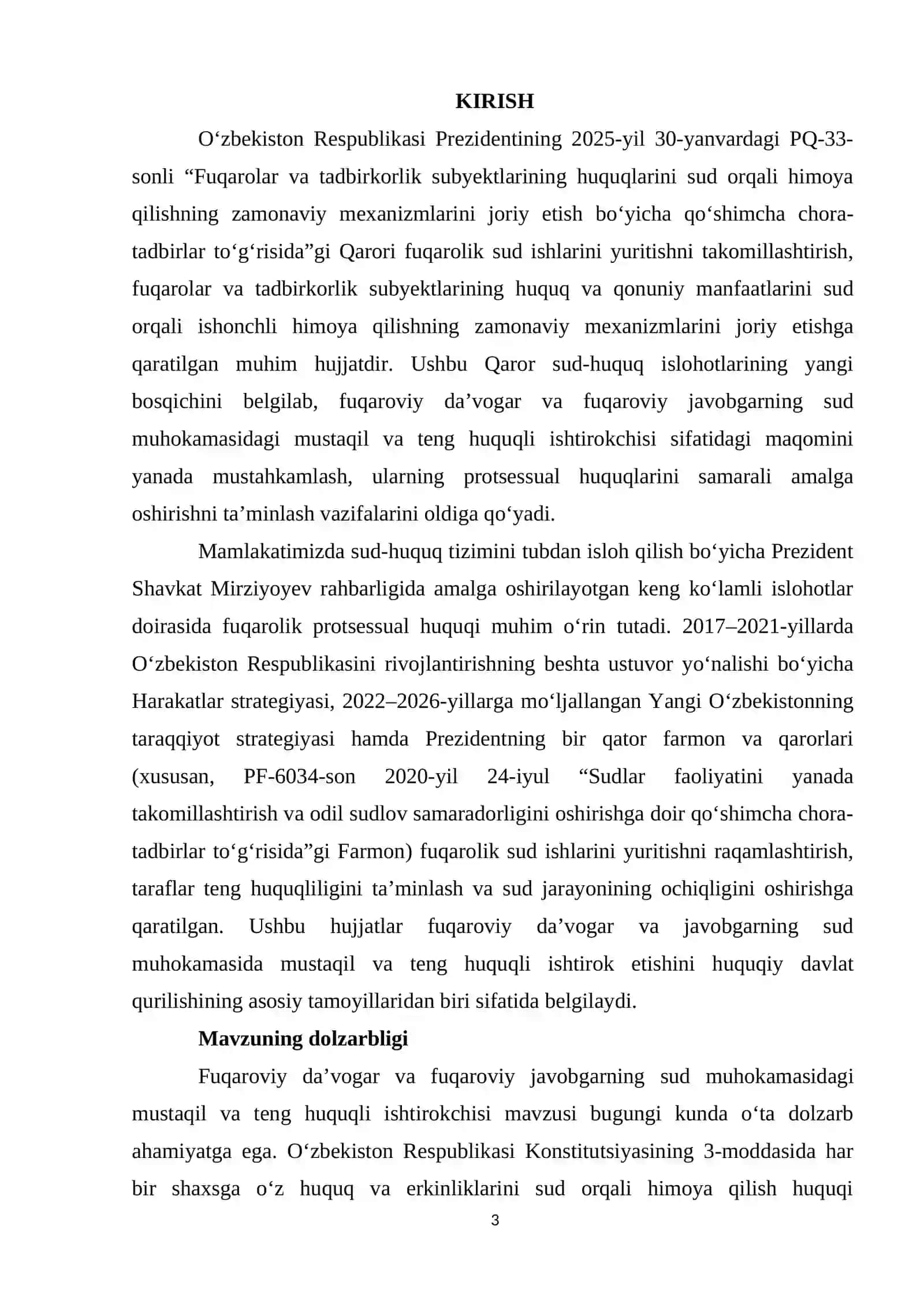 Sud muhokamasining mustaqil va teng huquqli ishtirokchisi bo‘lgan fuqaroviy da’vogar va fuqaroviy javobgar 3