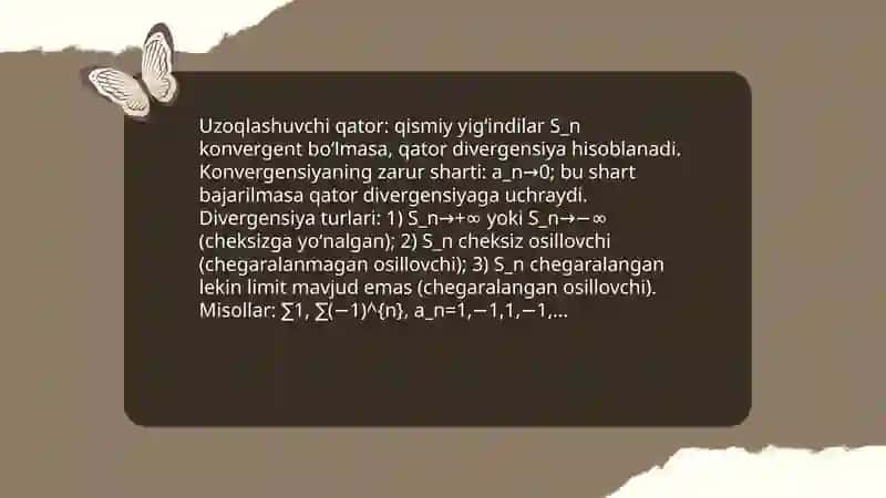 Uzoqlashuvchi qatorlarni jamlash mavzusiga matematikanaliz faniga oid taqdimot 3