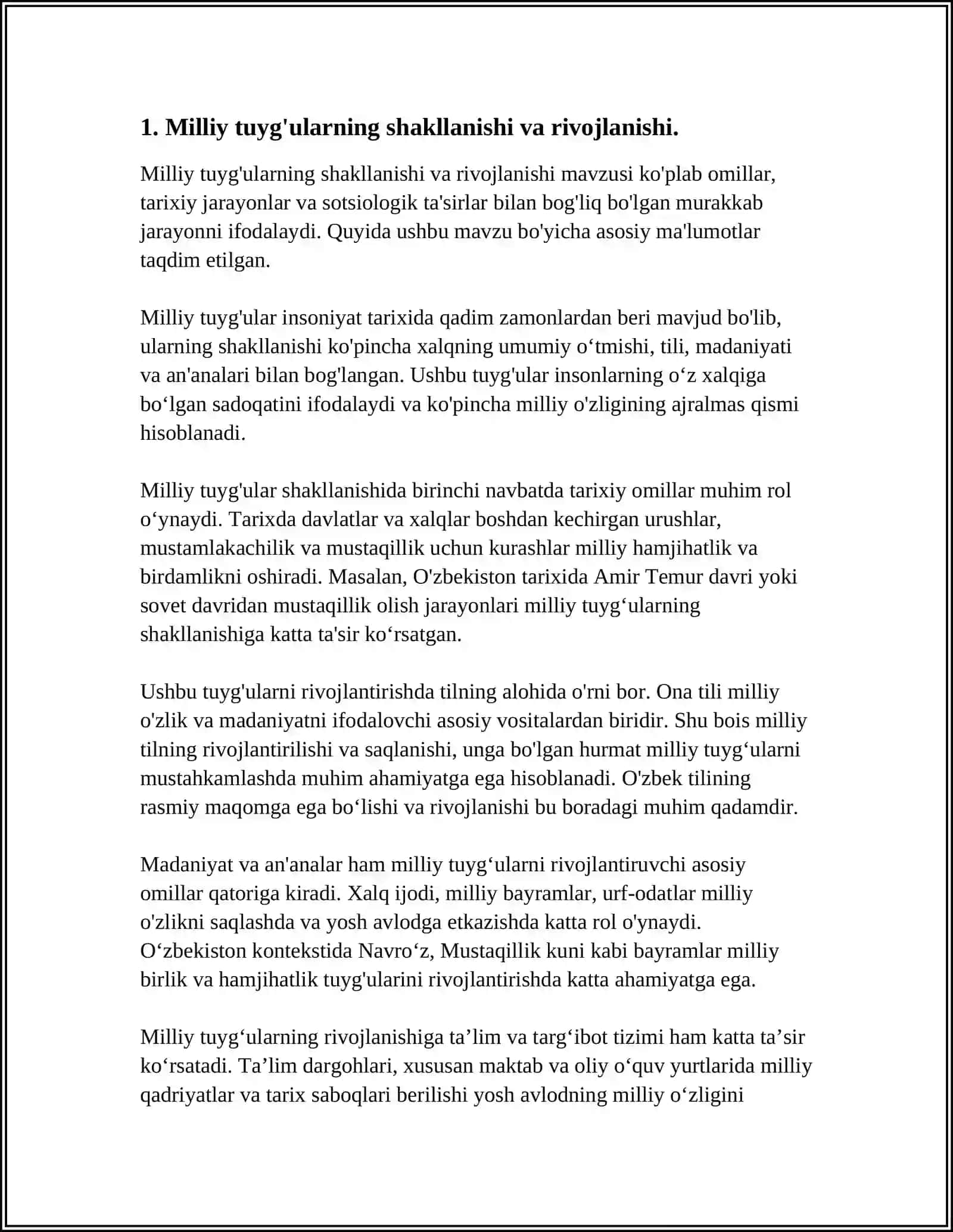 MILLIY TUYG'U,O'ZBEKISTON VATANPARVARLIGI, MILLIY MAFKURAVIY ONGLILIK,VIJDONLIK, MILLATLARARO MULOQAT MADANIYATI, MILLIY G'URUR VA MILLIY ODOB 3