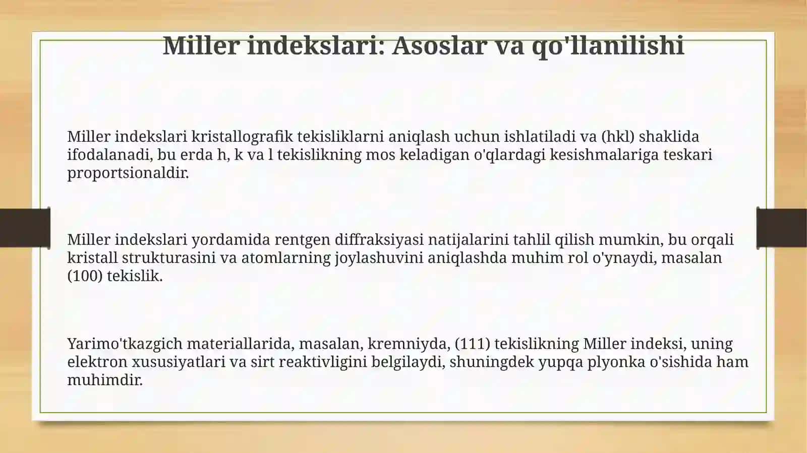 Miller indeksi kristallarning oʻtishi. Bruen zonasi 3
