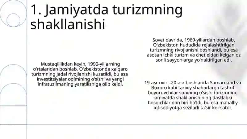 Turizm ijtimoiy mazmuni, jamiyatdagi shakllanishi va rivojlanishidagi o'rni 3