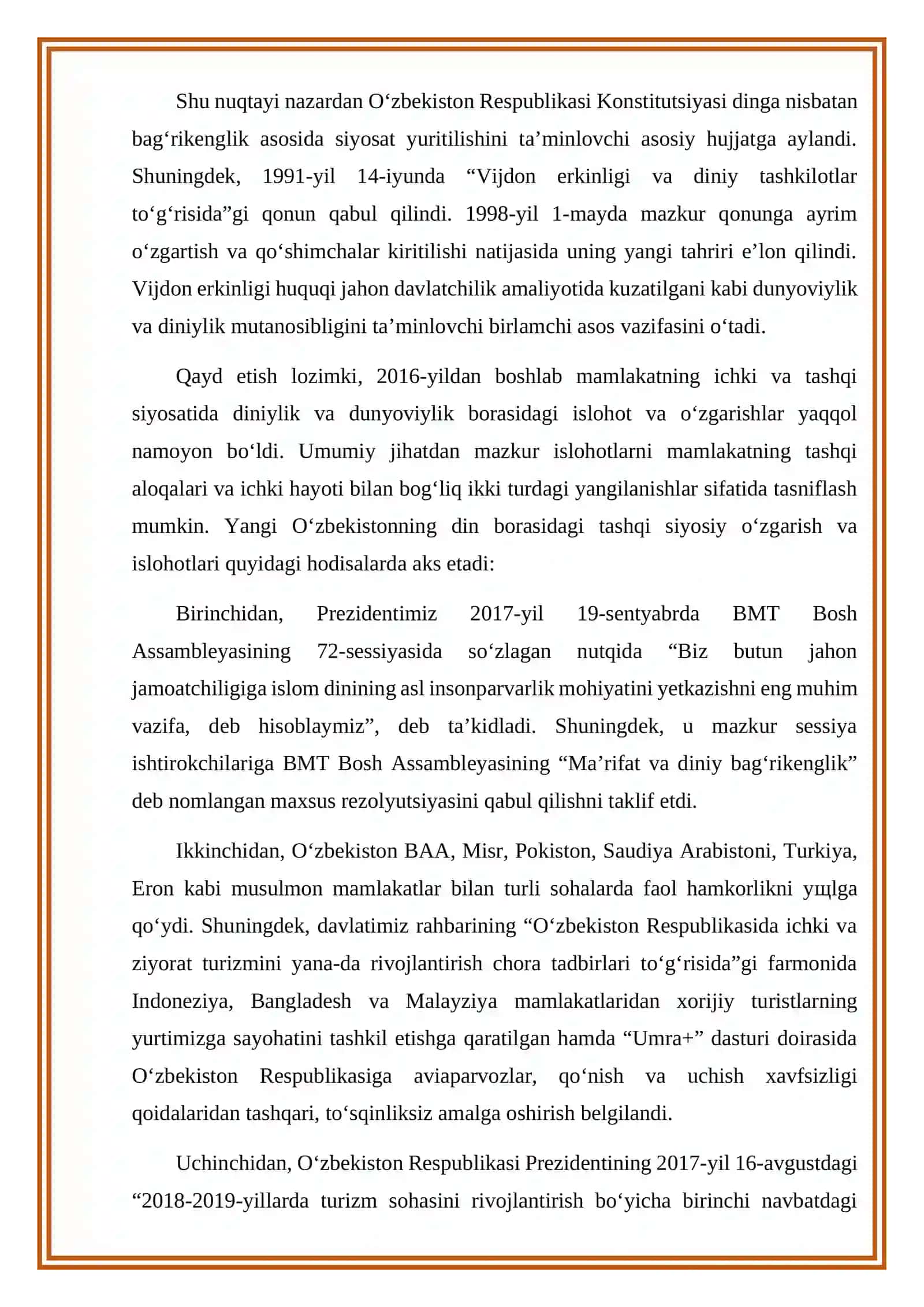 Mustaqillik va Oʻzbekiston Respublikasi Konstitutsiyasi tomonidan vijdon erkinligining kafolatlanishi 3