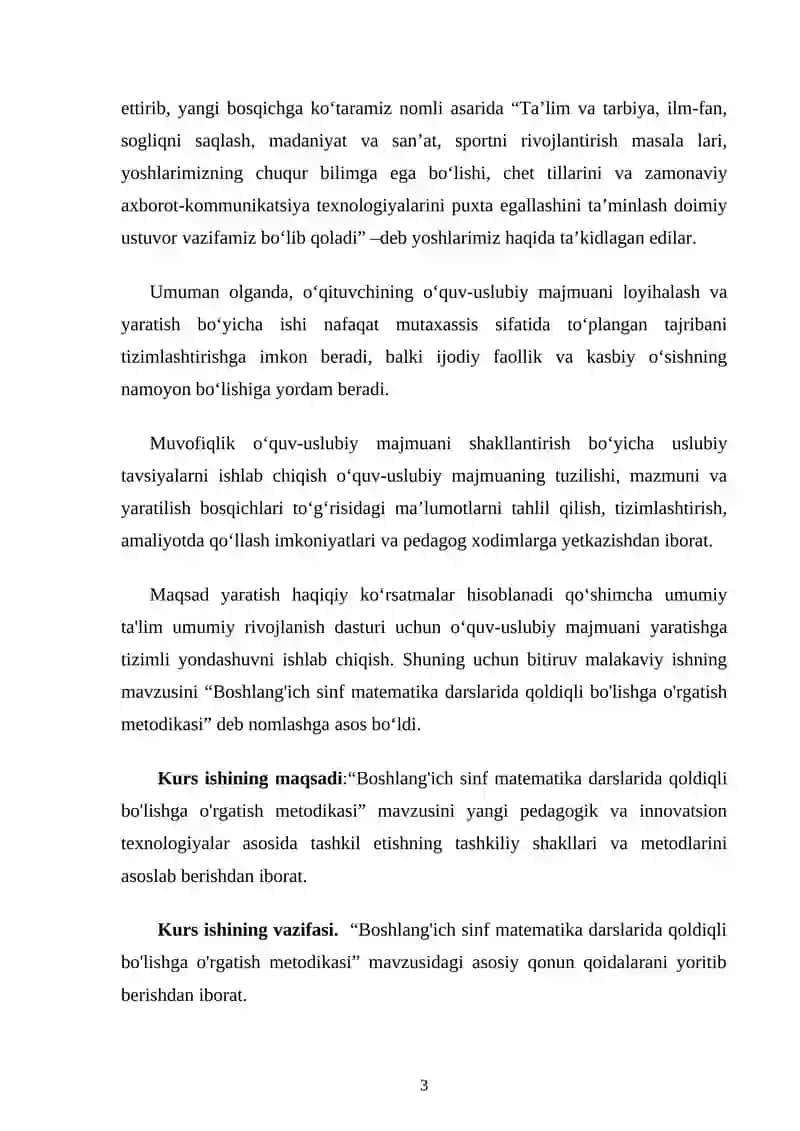 BOSHLANG‘ICH SINFLARDA QOLDIQLI BO’LISHNI O‘RGATISH METODIKASI 3