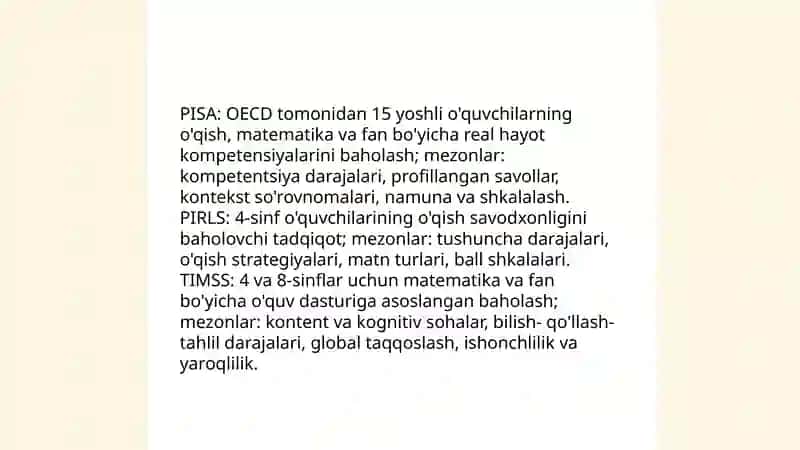 Xalqaro va milliy baholash mohiyati va mezonlari PISA, PIRLS, TIMSS xalqaro tadqiqotlarining mamlakatimizdagi ahamiyati 3