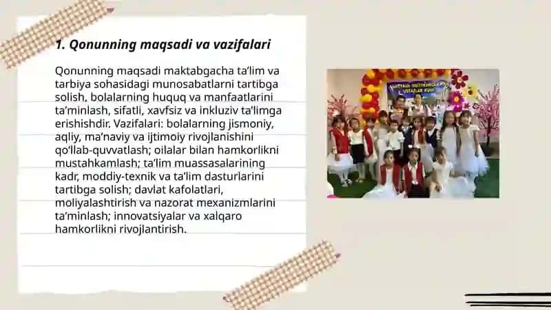 O‘zbekiston Respublikasining ”Maktabgachata’limvatarbiyato‘g‘risidagiqonuni” Koshqarova Muxabbat Sarsenbaevna 3
