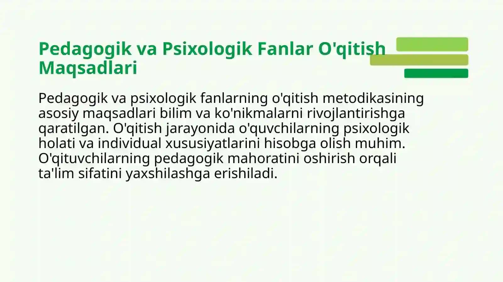 Pedagogik va psixologik fanlarni o'qitish metodikasi fanining predmeti maqsadi va vazifalari mavzusida slayd 3