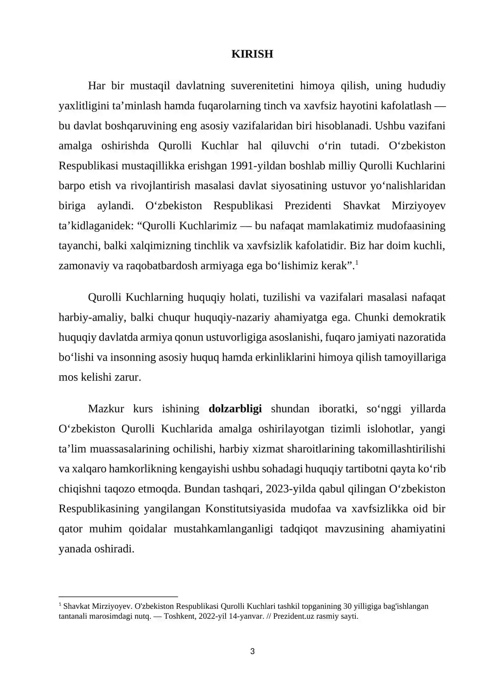 O‘zbekiston Respublikasida Qurolli Kuchlari tuzilishi, vazifalari va huquqiy holati kurs ishi 3