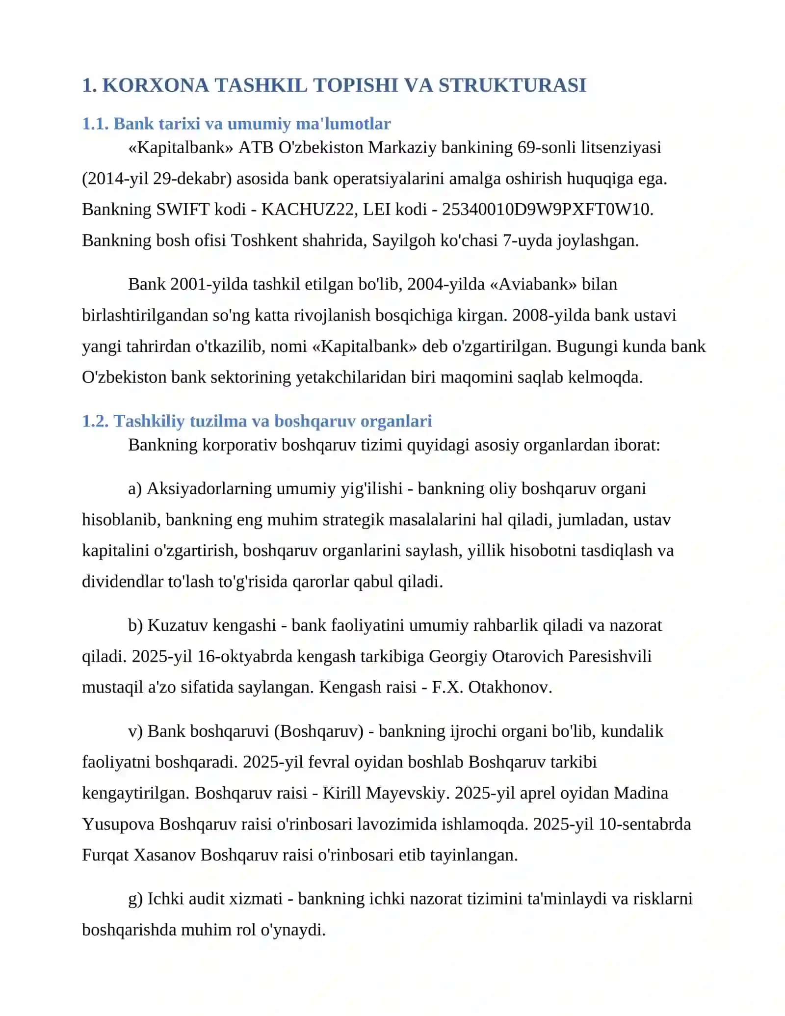 «Kapitalbank» aksiyadorlik tijorat bankining korporativ boshqaruvi, moliyaviy holati tahlili va dividend siyosati 3