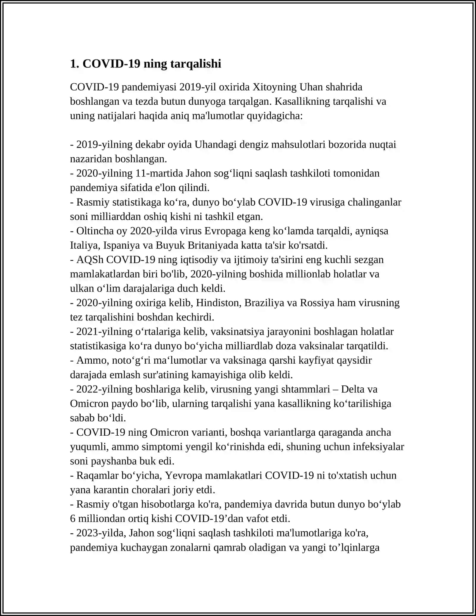 MUSTAQIL ISH Mavzu: COVID 3