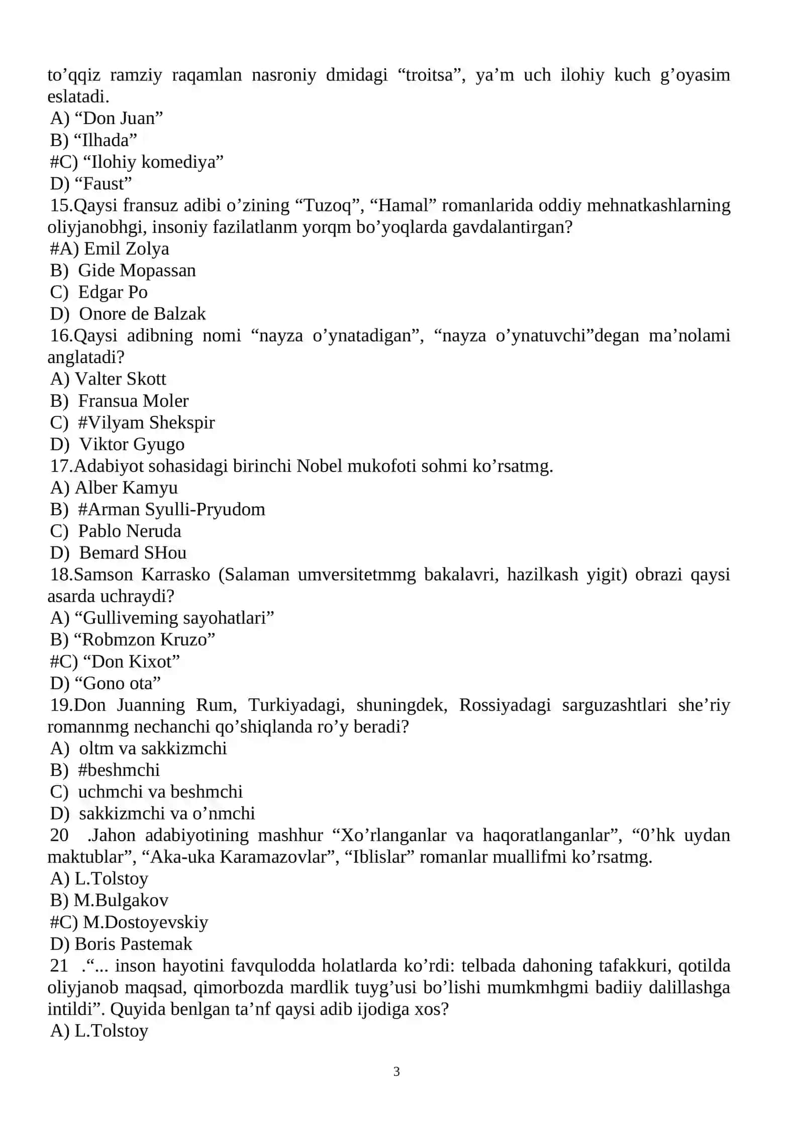 JAHON ADABIYOTT' famdan test savollan 3