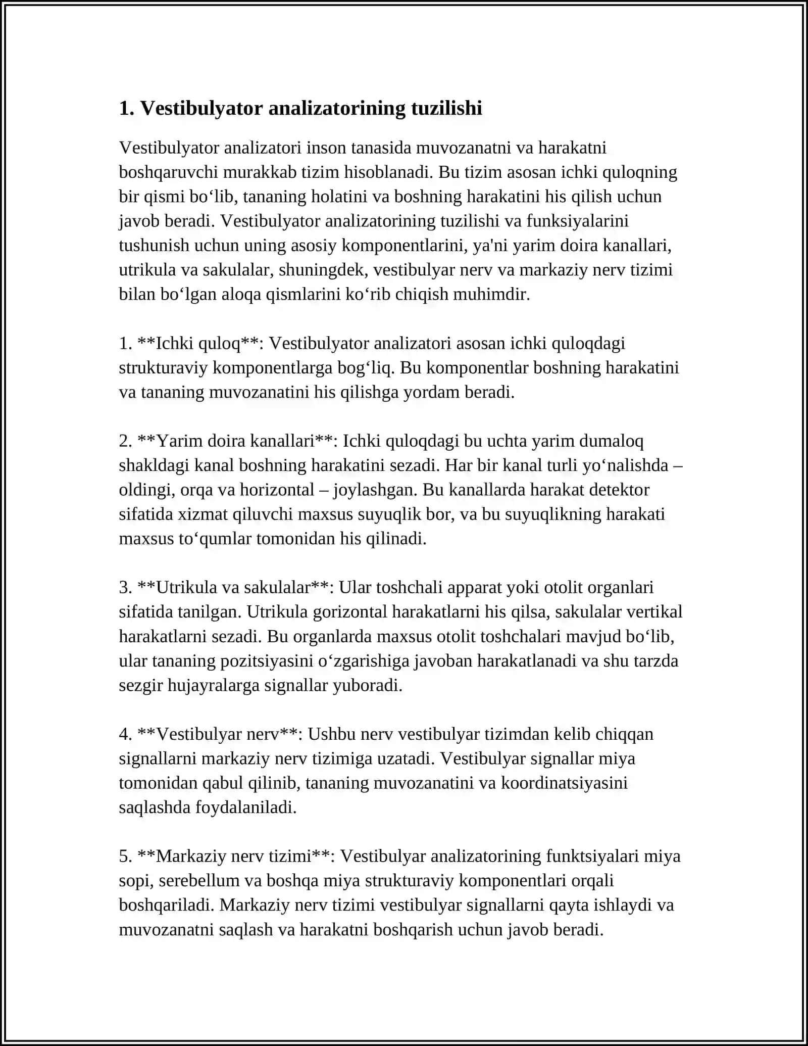 BIOLOGIYADAN MASALA VA MASHQLAR FANIDAN TAM BILISH, VISTIBULYATOR ANALIZATOR VA TERI SEZGISIGA OID 20 TA MASALA TUZISH QIYINLIK VA MURAKKABLIK DARAJASIDA 3