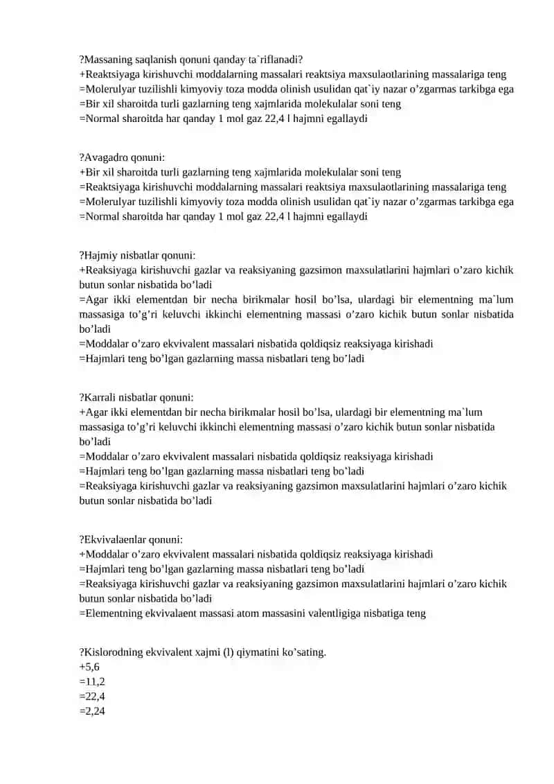 Kimyo fanidan testlar 3