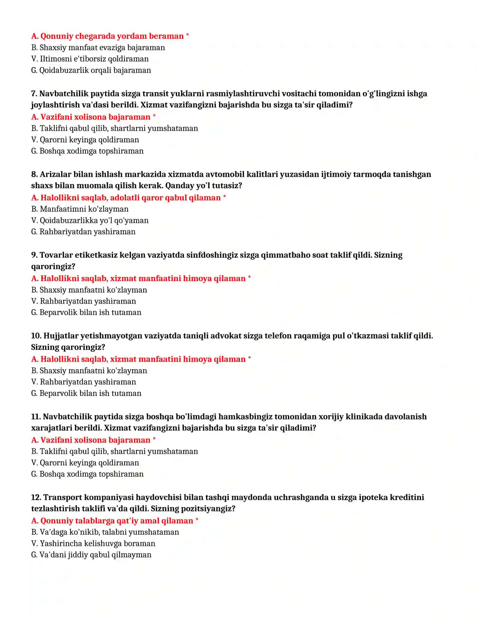 KASBIY TANLOV TEST SAVOLLARI 3