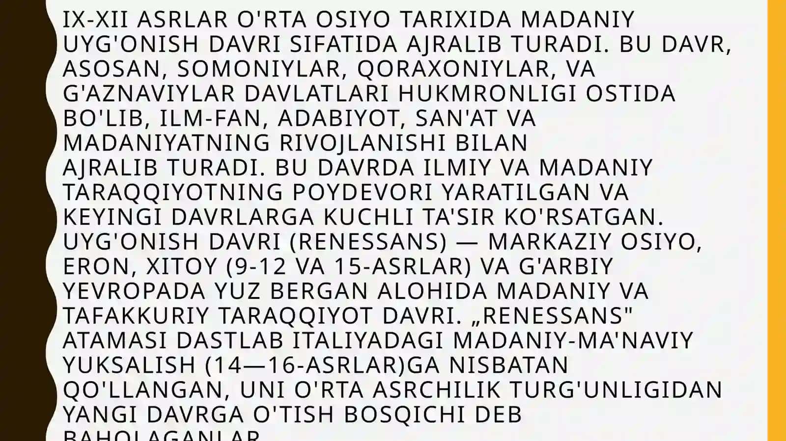IX-XIIASIRLARDA MAMLAKATIMIZ HUDUDIDA RO’Y BERGAN MADANIY UYG’ONISH (RENESSANS).BUYUK ALLOMALARNING JAHON SIVILIZATSIYASIGA QO’SHGAN HISSASI 3