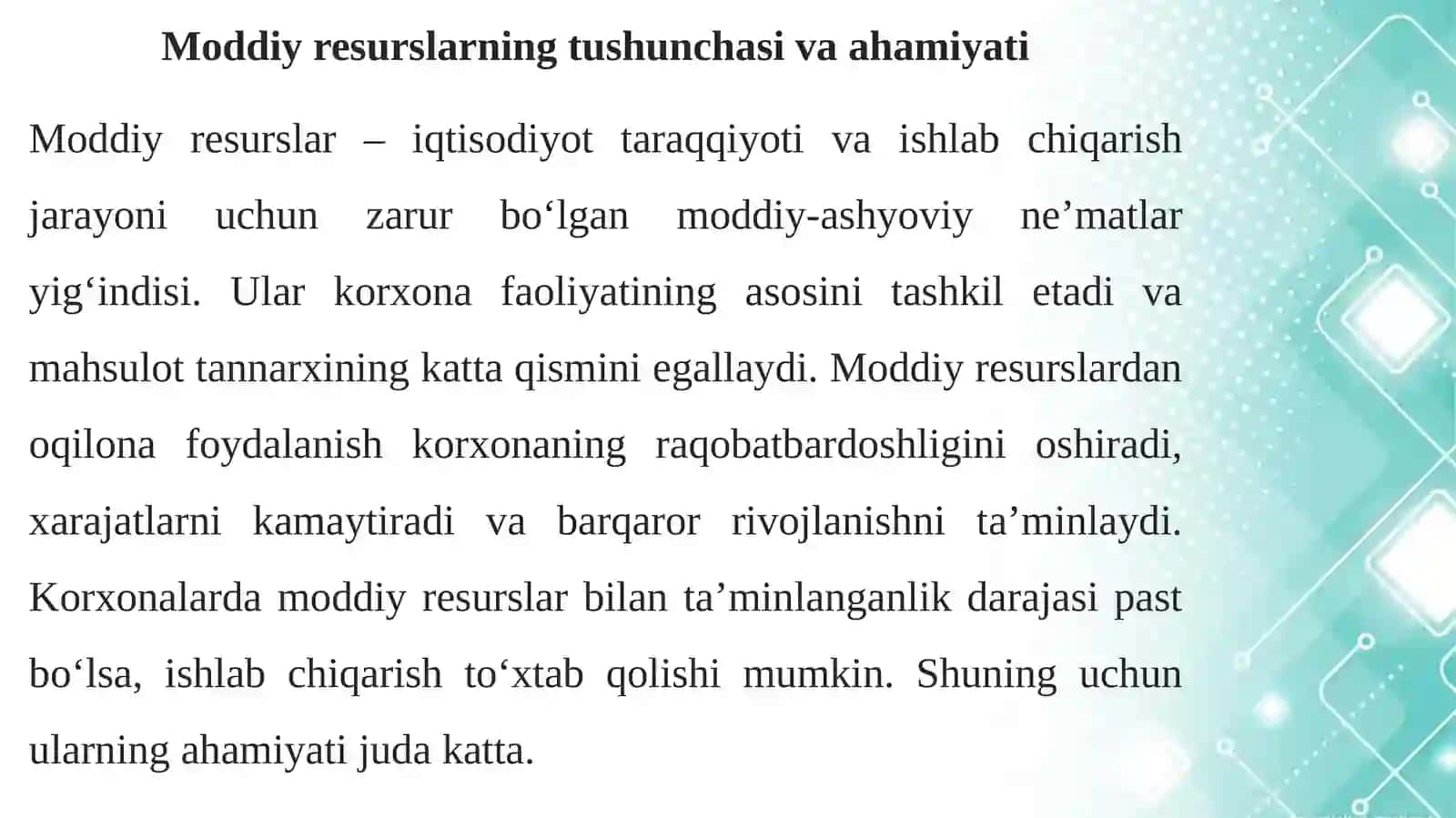 MODDIY RESURSLAR BILAN TA’MINLANGANLIK VA ULARDAN SAMARALI FOYDALANISH TAHLILI 3