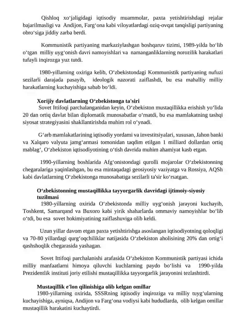 Mustaqilikka erishish arafasida Oʻzbekistondagi ijtimoiy -siyosiy jarayonlar 3