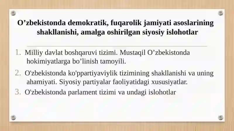Ózbekistonda demakratik fuqorolik jamiyati asolarining shakllanishi amalga oshirish siyosiy islohatlar 3