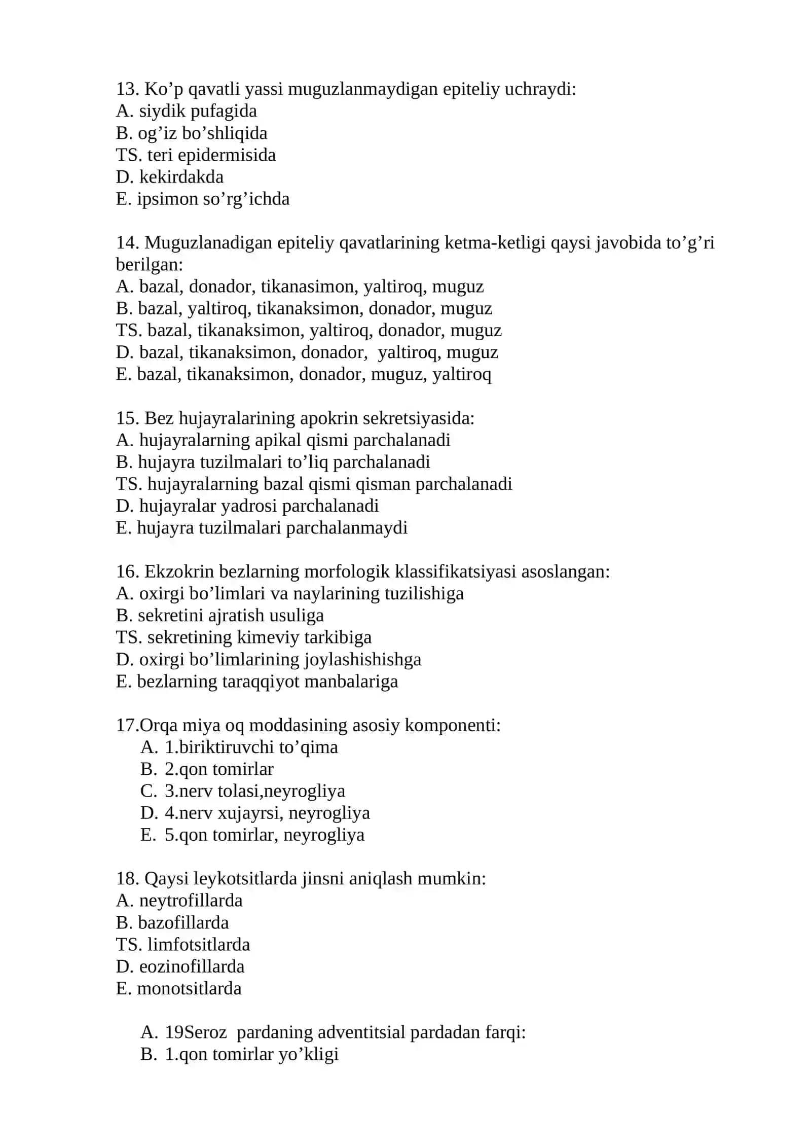 Gistologiya, sitologiya, embriologiya fanidan yakuniy nazorot uchun test savollari 3