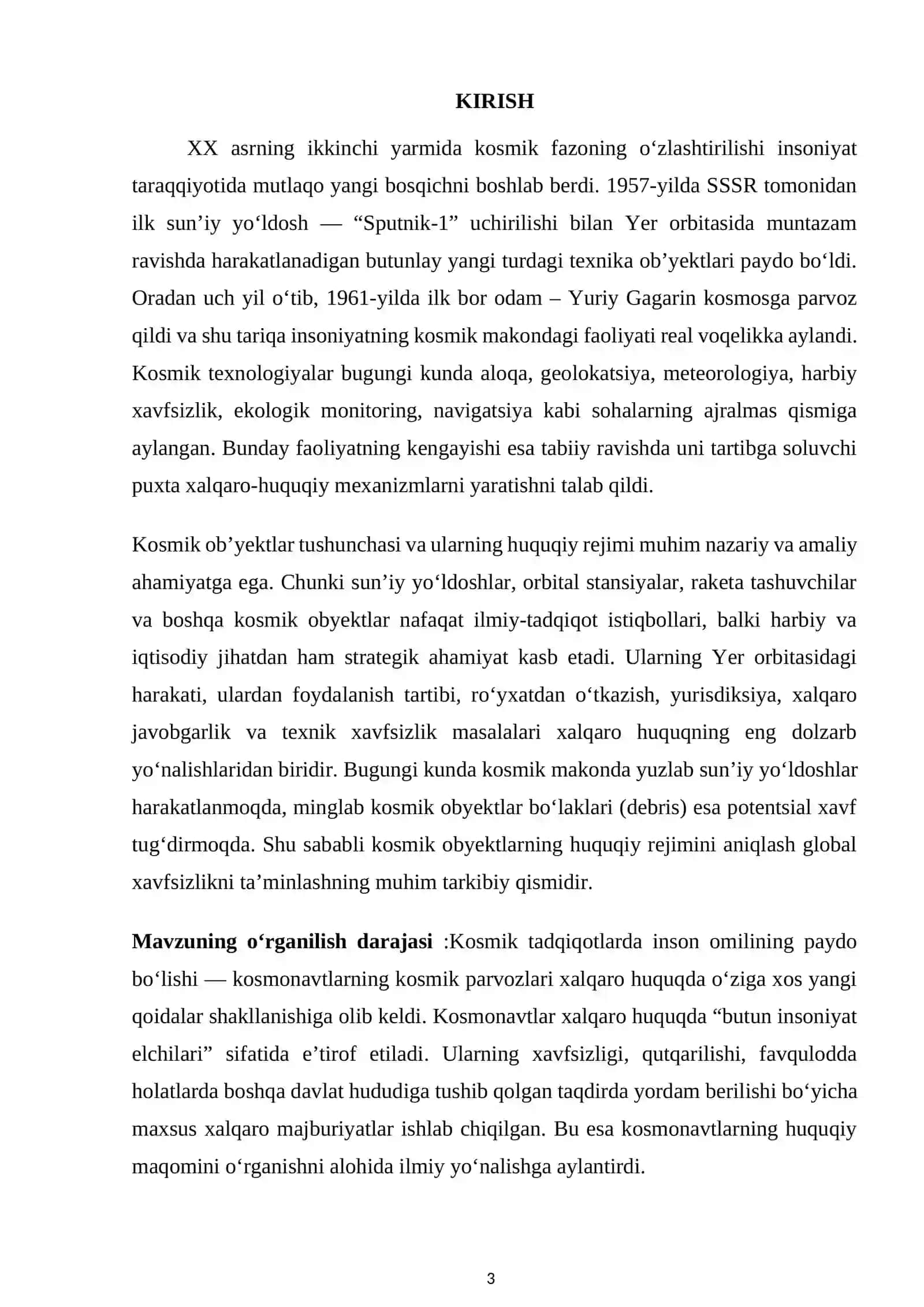 Xalqaro huquqda kosmik ob'yektlar tushunchasi va huquqiy rejimi. Kosmonavtlarning huquqiy maqomi 3