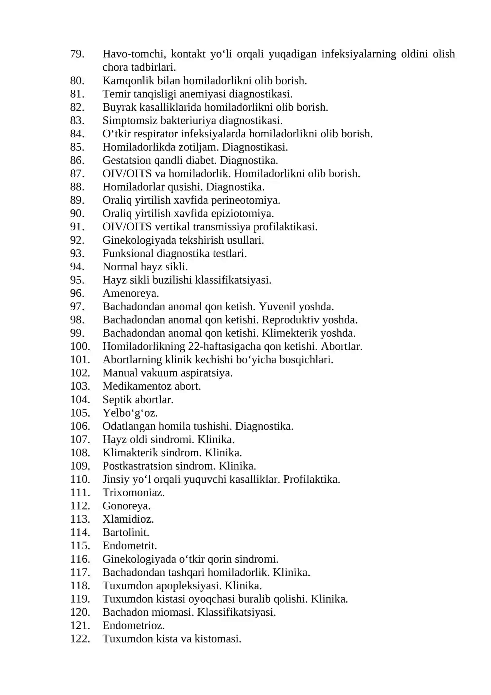 Akusherlik ishi mutaxassisligi boʻyicha shakllantirilgan ogʻzaki savollar roʻyxati 3
