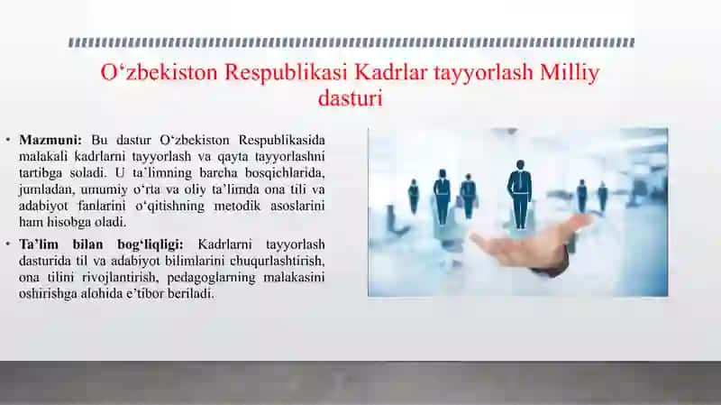 O'ZBEKISTON RESPUBLIKASI KADRLAR TAYYORLASH MILLIY DASTURI, TA'LIM TO'G'RISIDAGI O'ZBEKISTON RESPUBLIKASI "DAVLAT TILI HAQIDA" GI QONUNLAR. ONA TILI O'QITISH METODIKASI FANINING ASOSIY HUQUQIY-ME'YORIY HUJJATI 3
