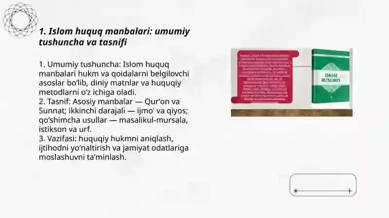 Islom huquq manbalari, Qur'on sunna ijmo va qiyos masolikul mursalar istikson va urf Olimov Nusratullo 3