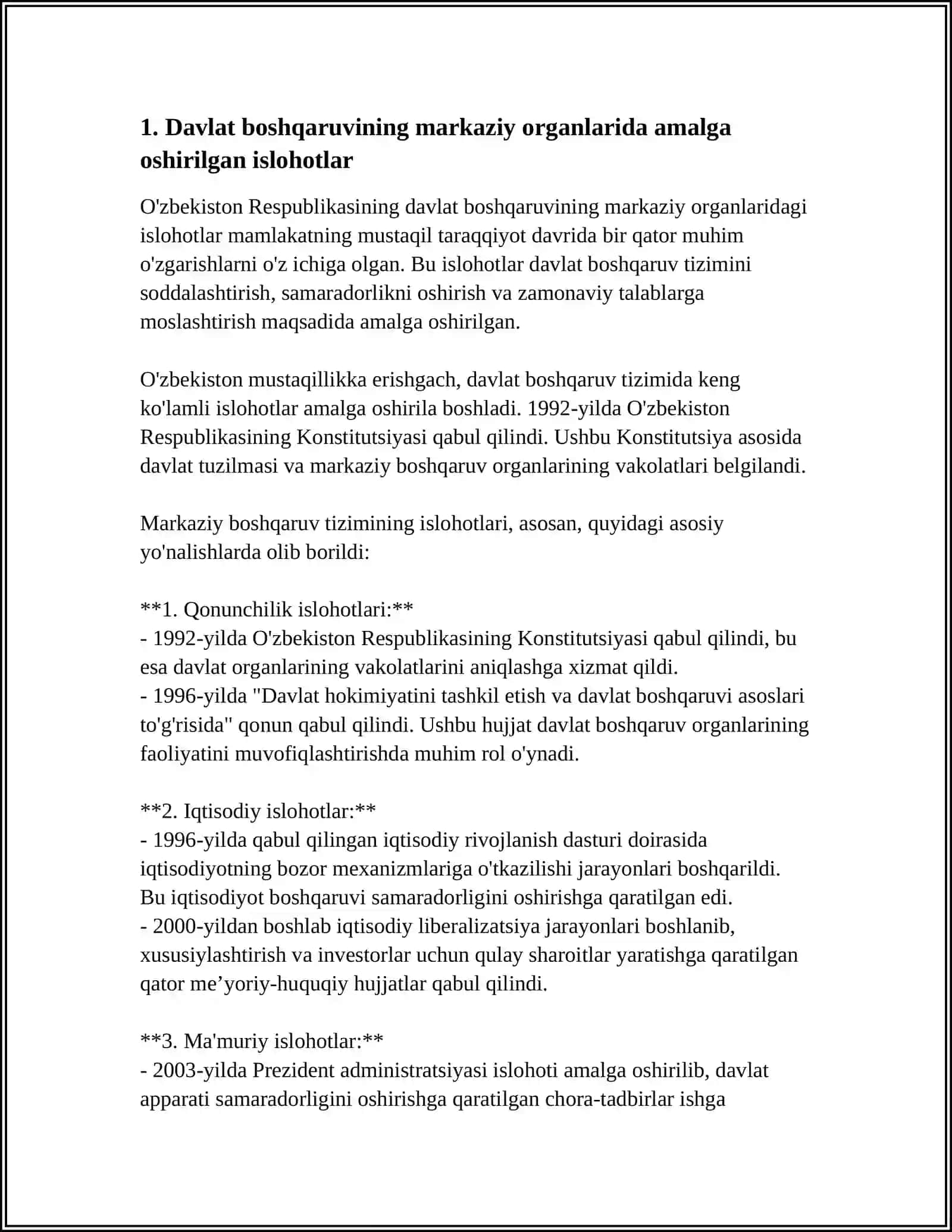TARIX.MUSTAQILLIK YILLARIDA DAVLAT BOSHQARUVI TIZIMIDA AMALGA OSHIRILGAN ISLOHOTLAR 3