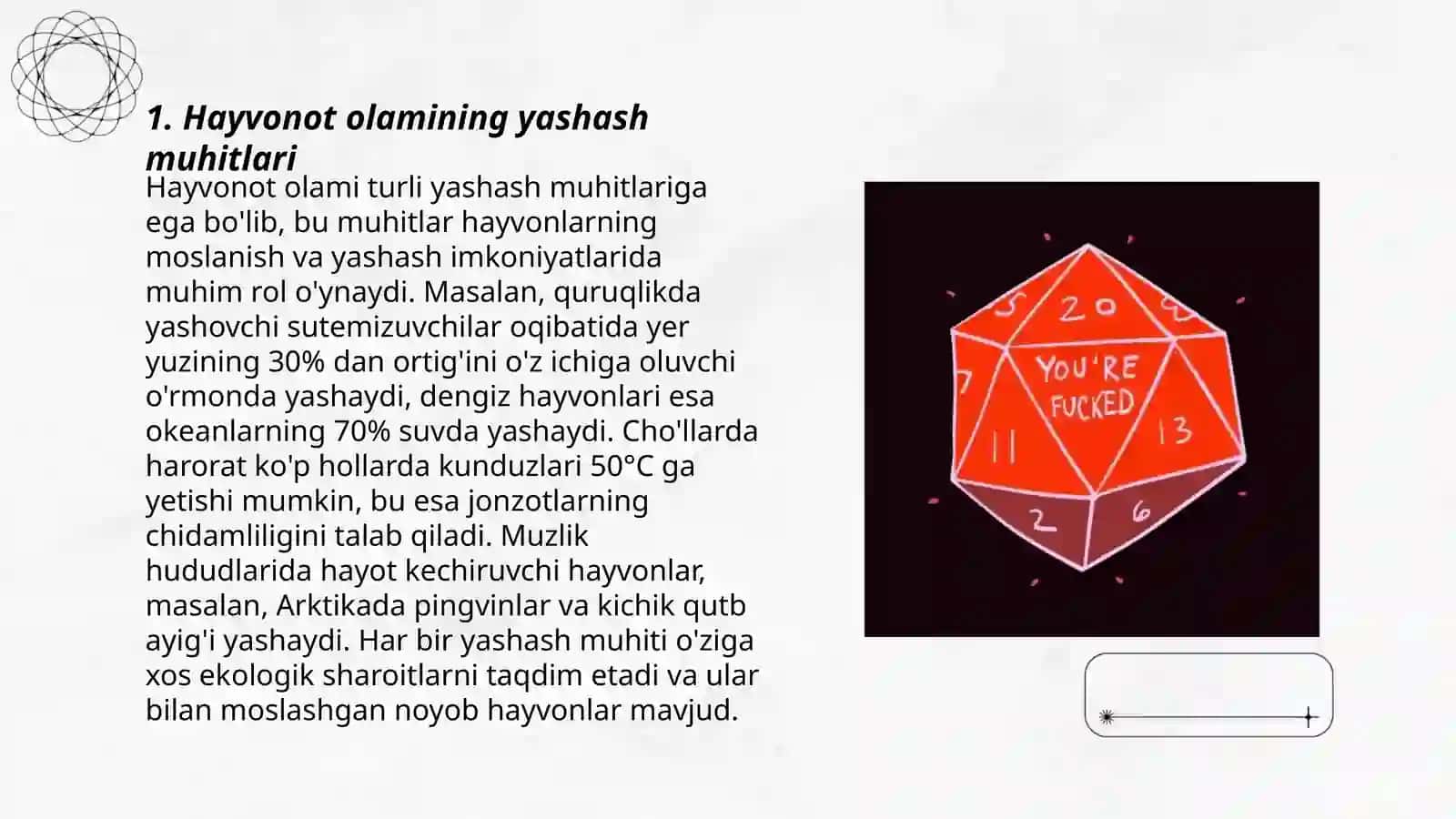 Hayvonot olamining yashash tarzi ularning koʻpayishi tarqalishi va xilma xilligi haqida bilimlarni oʻzlashtirish 3