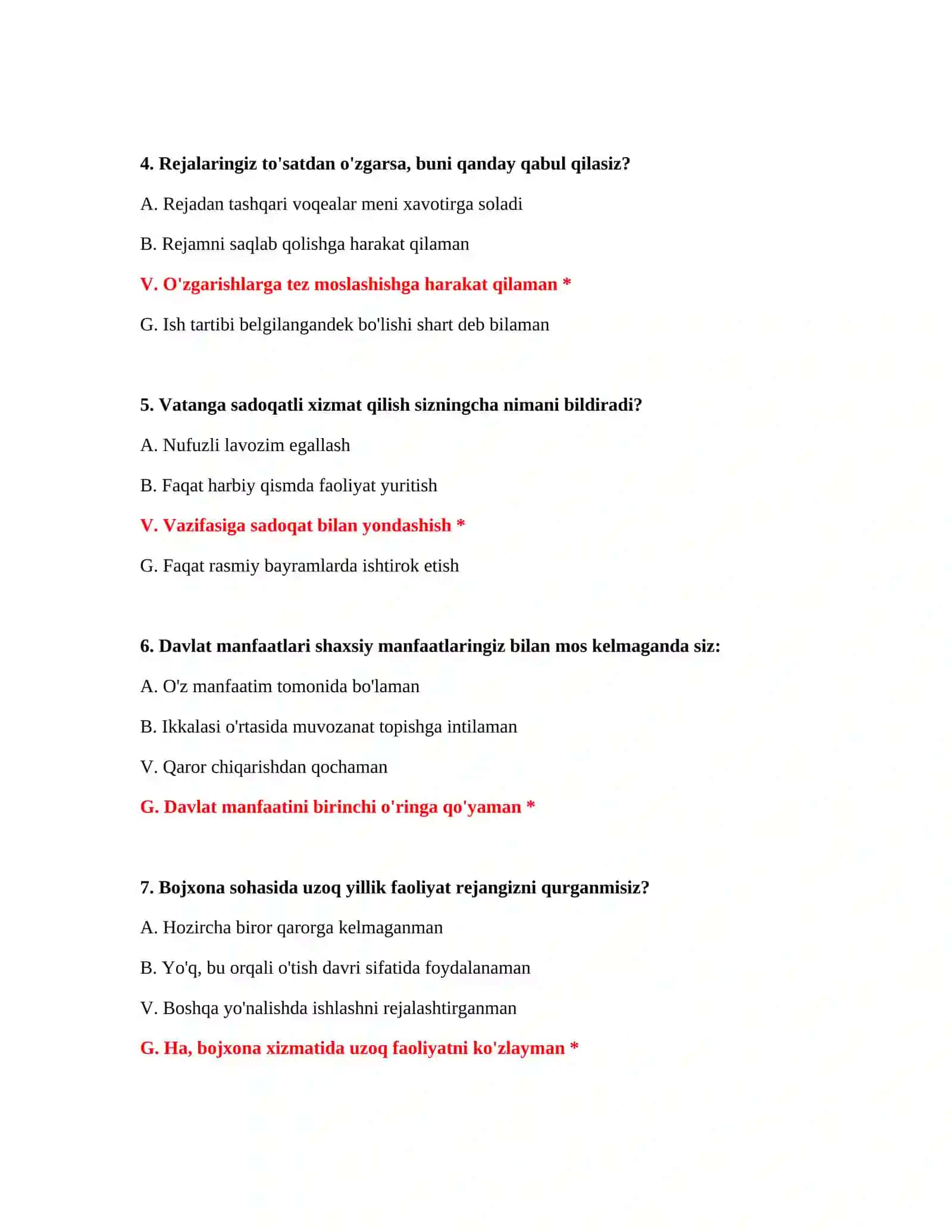 Bojxona psixologik test savollari va javoblari PDF 3