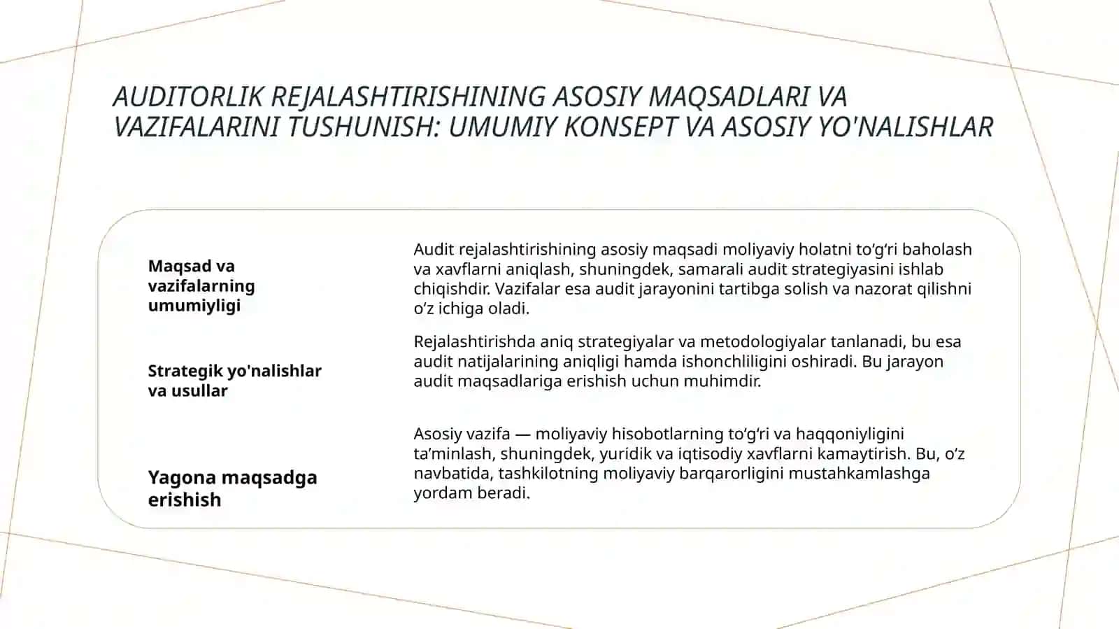 Auditorlik tekshiruvini rejalashtirish maqsadi va vazifalari 3