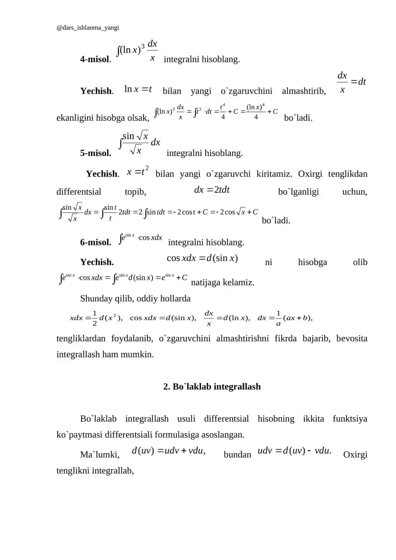 Aniqmas intеgralda o’zgaruvchini almashtirish bo’laklab intеgrallash 3